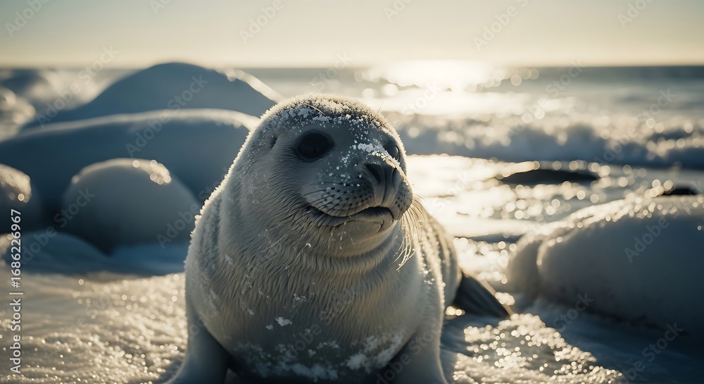Naklejka premium Seal Pup in Winter Landscape: Adorable Wildlife Portrait