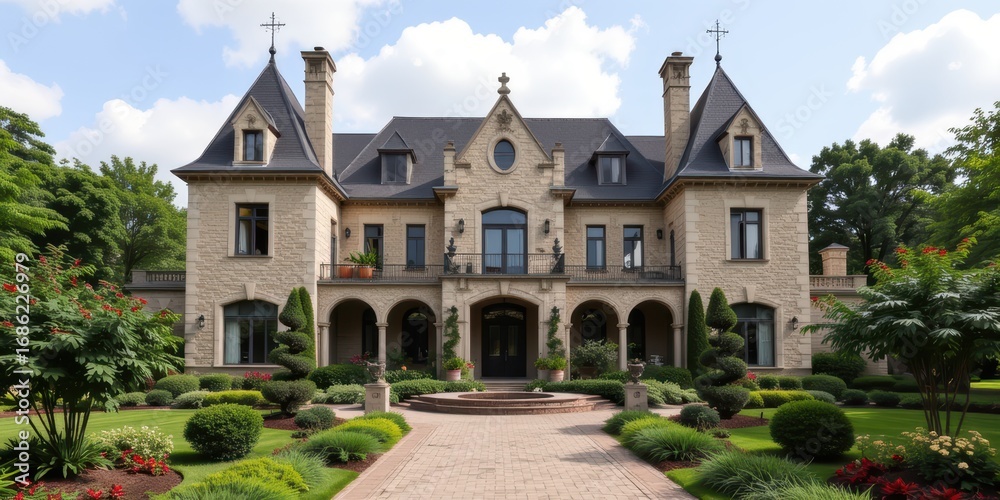 Fototapeta premium Elegant mansion with intricate architecture and lush landscaping.