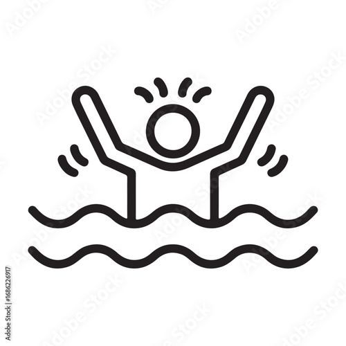 Simple line art icon of a person waving arms in water symbolizing swimming or distress
