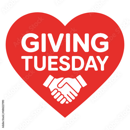 Giving tuesday red heart with white text and handshake icon symbolizing generosity and charity