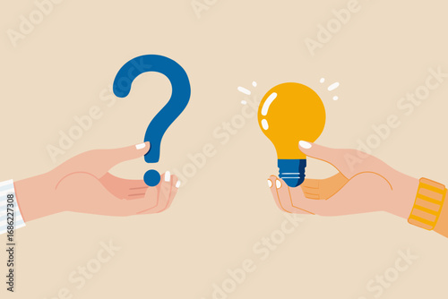 Two hands exchanging a question mark for a bright idea light bulb symbolizing problem solving and innovation