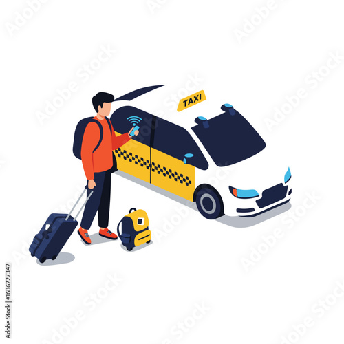 An illustration of a person using a phone near a taxi luggage and a backpack