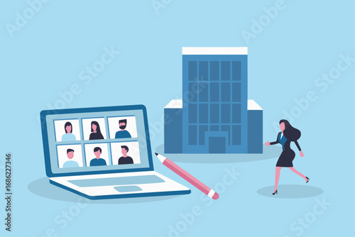 Businesswoman attends virtual meeting on laptop with colleagues and office building in background