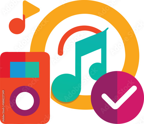 Digital music player with musical notes and checkmark