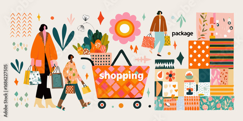 Vibrant illustration of people enjoying shopping with colorful bags and a shopping cart filled with goods