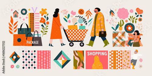 Diverse people enjoying shopping and collecting purchases with decorative elements and patterns
