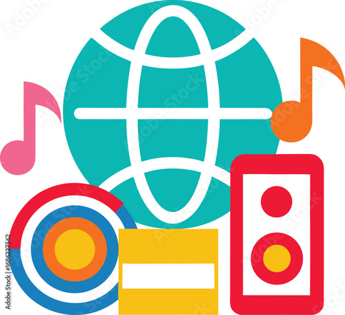Global music streaming concept with globe, speaker, and notes