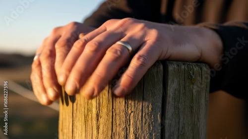 Golden Hour Hands Resting on Rustic Wooden Post