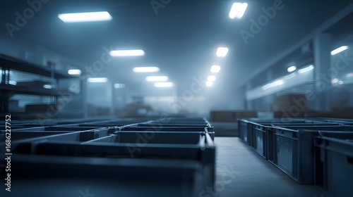 Community food bank distribution room with empty crates, fluorescent overhead glow, muted cold palette