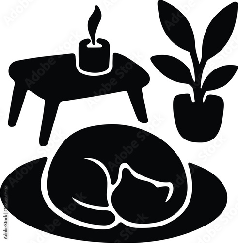Illustrator Vector Cat sleeping near a houseplant and candle silhouette
