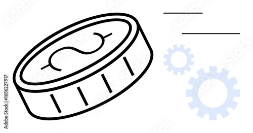 Coin with dollar sign in motion alongside gears and minimalist lines. Ideal for finance, economy, investment, business strategy, wealth, banking, budgeting, and simple flat metaphor