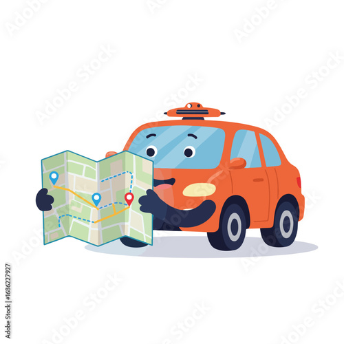An orange cartoon car holds a map with blue and red markers The car has wheels a roof sensor and windows
