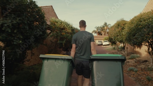 Young man carries two trash cans along suburban street. Serene atmosphere reflects daily routine in a residential neighborhood.