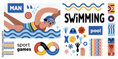 Man swimming in pool with sport games logo and abstract elements