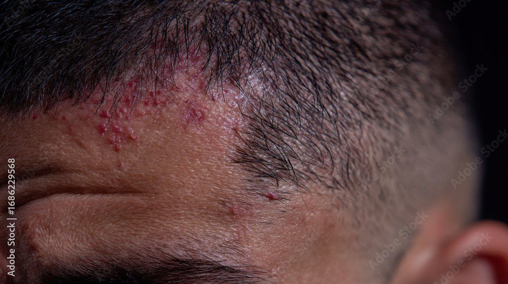 Obraz premium Close up view of person scalp showing minor skin irritation and blemishes. image captures texture of hair and skin, highlighting redness and imperfections