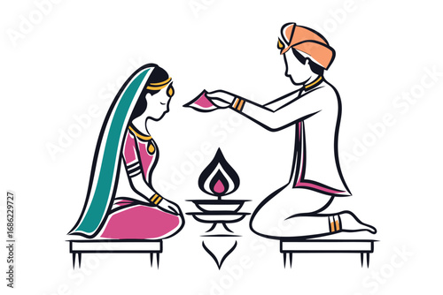 Vibrant Illustration of Hindu Wedding Ceremony Depicting a Groom Performing Ritual on Bride With Sacred Fire Altar Nearby