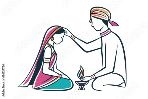 Vibrant Illustration of Hindu Wedding Ceremony Depicting a Groom Performing Ritual on Bride With Sacred Fire Altar Nearby