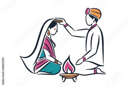 Vibrant Illustration of Hindu Wedding Ceremony Depicting a Groom Performing Ritual on Bride With Sacred Fire Altar Nearby