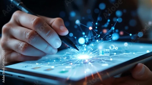 A businessperson's hand holds a laptop and mouse on a blue background, showcasing modern communication technology