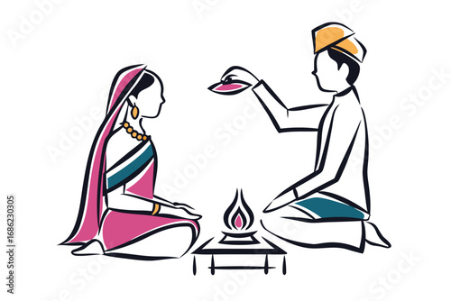 Vibrant Illustration of Hindu Wedding Ceremony Depicting a Groom Performing Ritual on Bride With Sacred Fire Altar Nearby