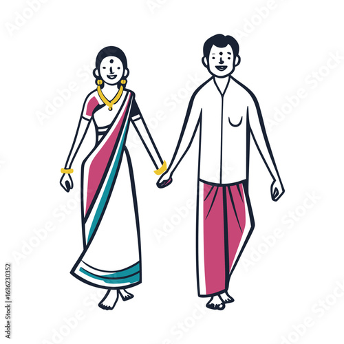 Whimsical Indian Couple Holding Hands Traditional Attire A Colorful and Joyful Depiction Celebrating Togetherness and Cultural Pride