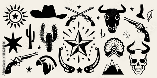 Collection of western american cowboy and desert icons including guns cactus stars and a bull skull