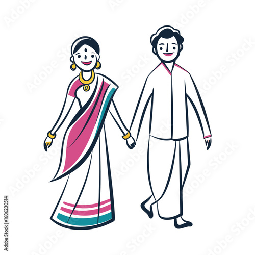 Whimsical Indian Couple Holding Hands Traditional Attire A Colorful and Joyful Depiction Celebrating Togetherness and Cultural Pride
