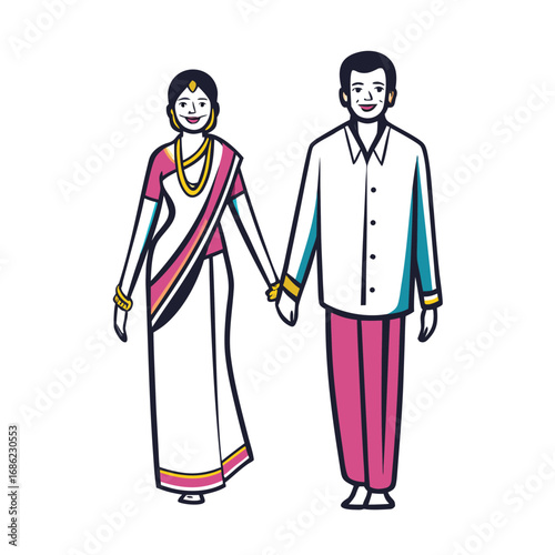 Whimsical Indian Couple Holding Hands Traditional Attire A Colorful and Joyful Depiction Celebrating Togetherness and Cultural Pride
