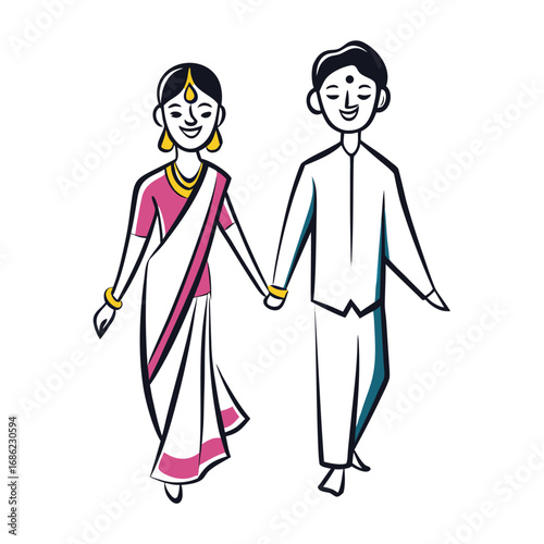 Whimsical Indian Couple Holding Hands Traditional Attire A Colorful and Joyful Depiction Celebrating Togetherness and Cultural Pride