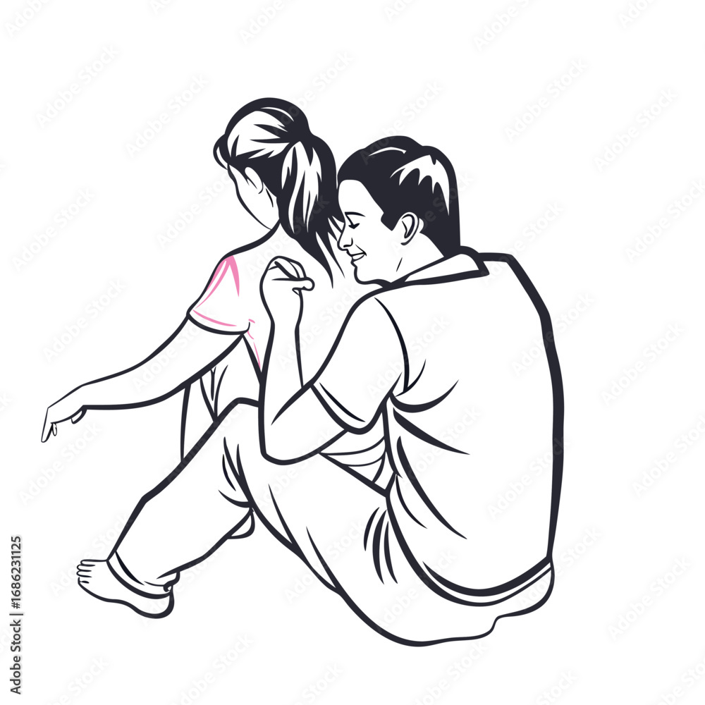 Obraz premium Monochrome Illustration of a Couple Sitting Together Watching the Sunset on a Beach, Hugging and Enjoying the View
