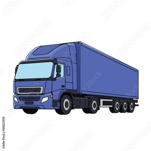 Blue semitruck illustration against white The vehicle has a cab trailer and several wheels