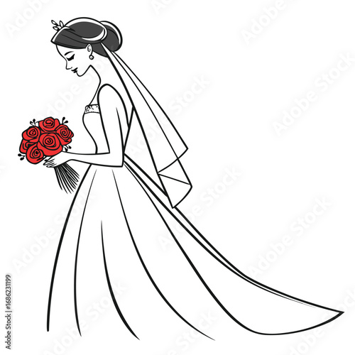 bride with bouquet line art vector illustration