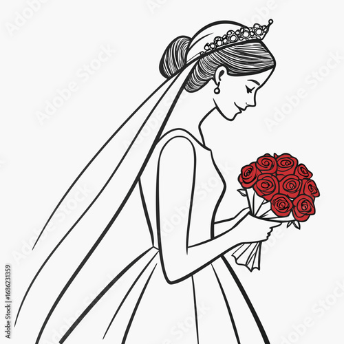 Elegant Bride with Red Rose Bouquet Beautiful Bridal Illustration of a Woman in Wedding Dress