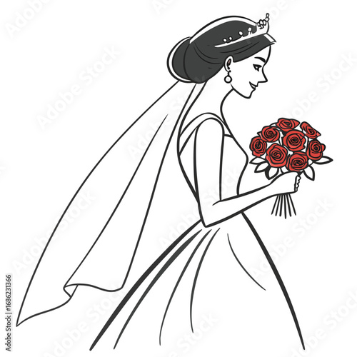 Elegant Bride with Red Rose Bouquet Beautiful Bridal Illustration of a Woman in Wedding Dress