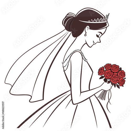 Elegant Bride with Red Rose Bouquet Beautiful Bridal Illustration of a Woman in Wedding Dress