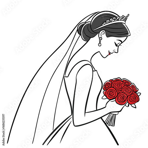 Elegant Bride with Red Rose Bouquet Beautiful Bridal Illustration of a Woman in Wedding Dress