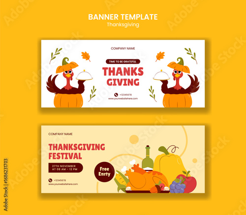Thanksgiving Day Social Media Banner Design in Flat Cartoon Hand-Drawn Illustration Style