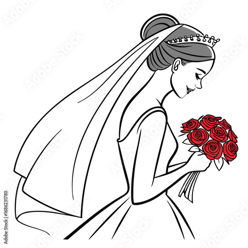 Elegant Bride with Red Rose Bouquet Beautiful Bridal Illustration of a Woman in Wedding Dress