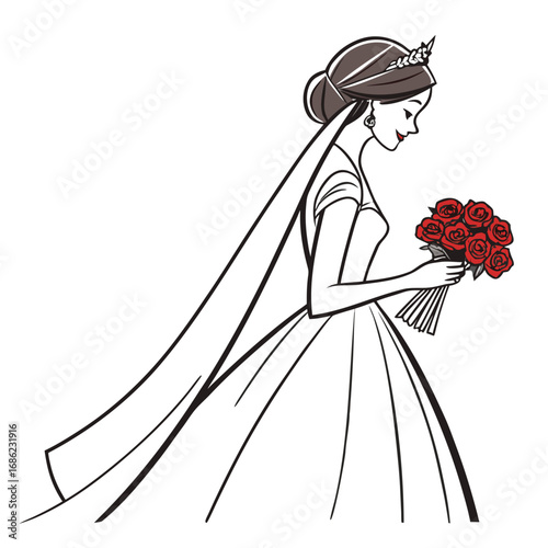 Elegant Bride with Red Rose Bouquet Beautiful Bridal Illustration of a Woman in Wedding Dress