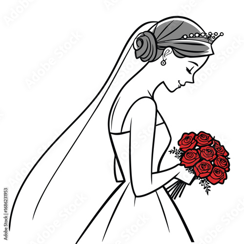Elegant Bride with Red Rose Bouquet Beautiful Bridal Illustration of a Woman in Wedding Dress