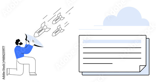 Person blocking incoming DDoS attacks with a shield, protecting digital files and cloud storage. Ideal for cybersecurity, data protection, online defense, IT security, risk management, technology