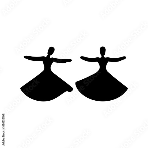 Black silhouette illustration of two women dressed in whirling dervish style robes