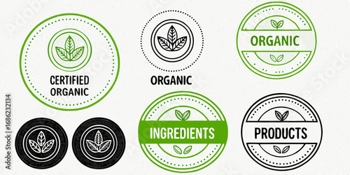Collection of organic certification seals and labels for food and products