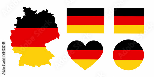 Collection of german flag symbols including a map outline heart and squares on a white background