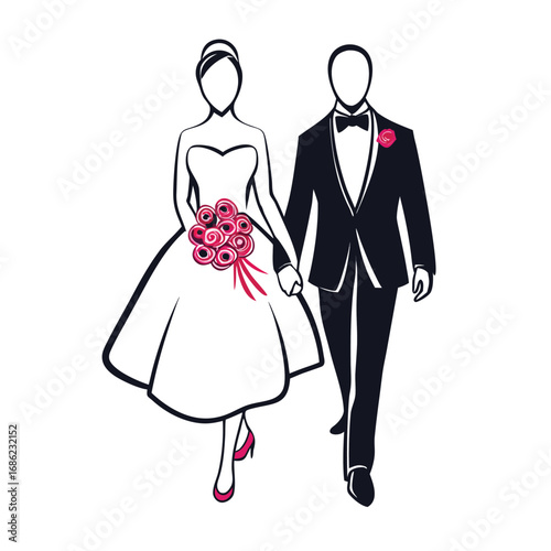 Elegant Wedding Couple Illustration Bride in Gown and Groom in Tuxedo Walking Hand in Hand Ready to Celebrate