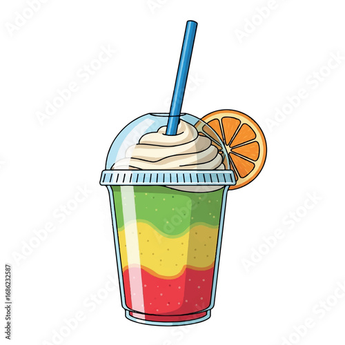 Colorful Layered Smoothie with Whipped Cream and Orange Slice.