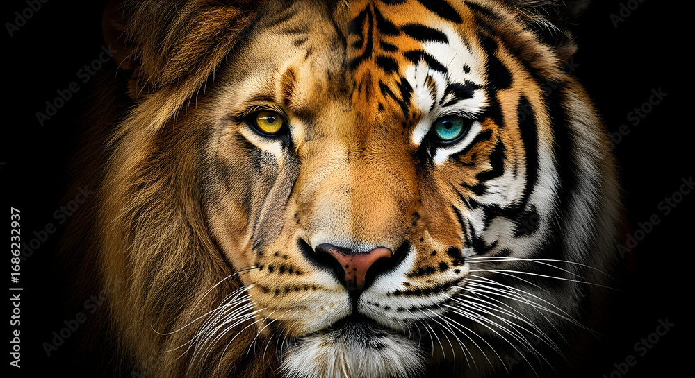 Fototapeta premium Duality of Kings: Lion & Tiger Face