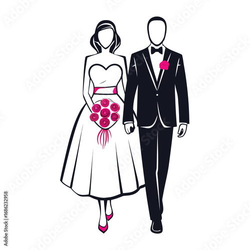 Elegant Wedding Couple Illustration Bride in Gown and Groom in Tuxedo Walking Hand in Hand Ready to Celebrate