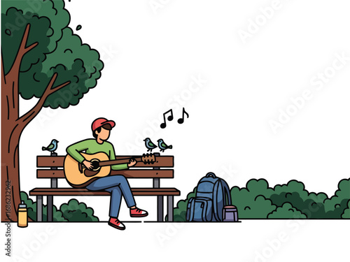 A person playing guitar on a park bench with birds and a backpack nearby.