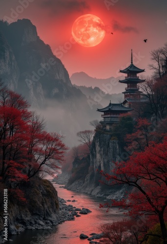 Serene Oriental Landscape with Pagodas, Bridge, and Majestic Mountains Under Red Sun